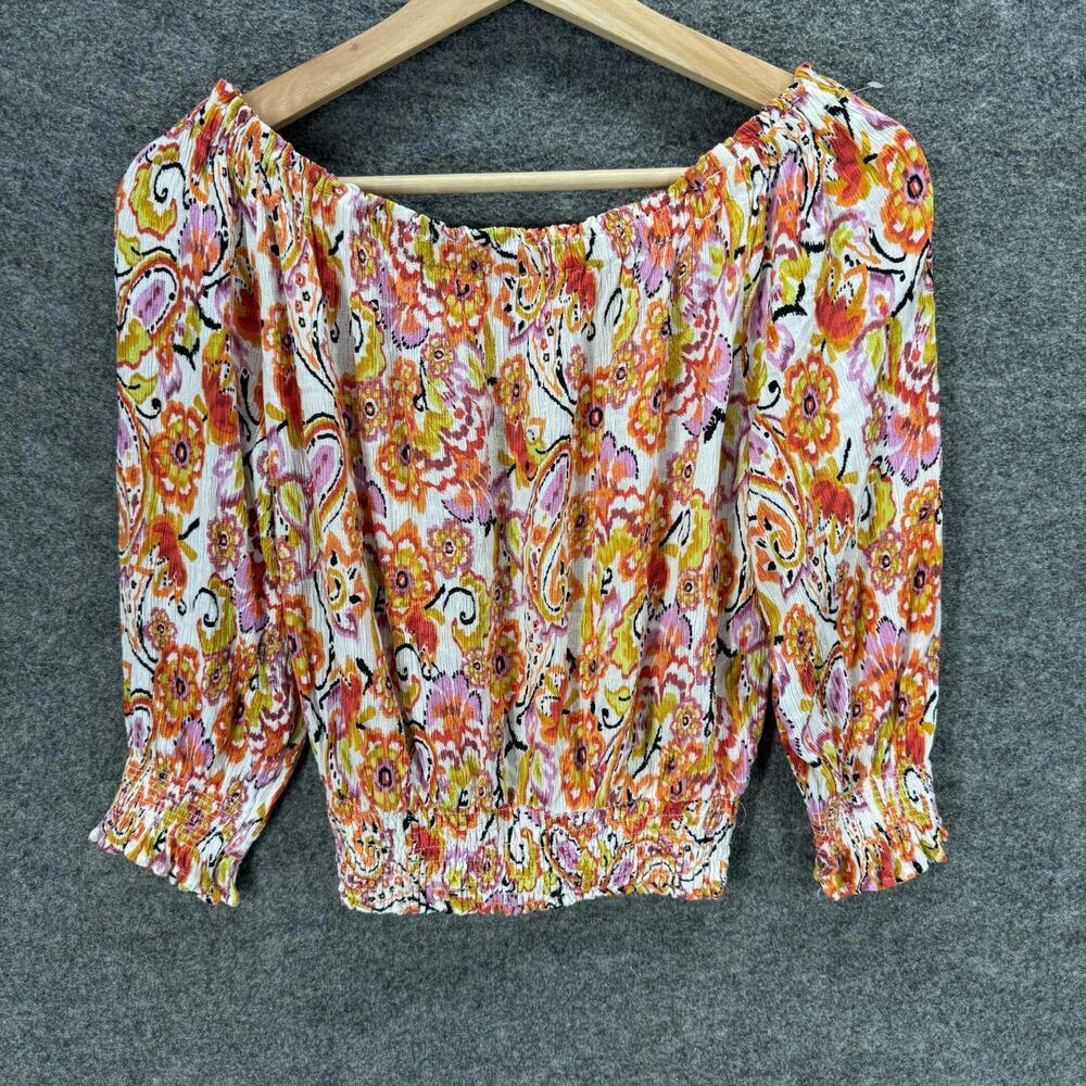 Nicole Miller Blouse Women M Medium White Floral Long Sleeve Rayon Casual